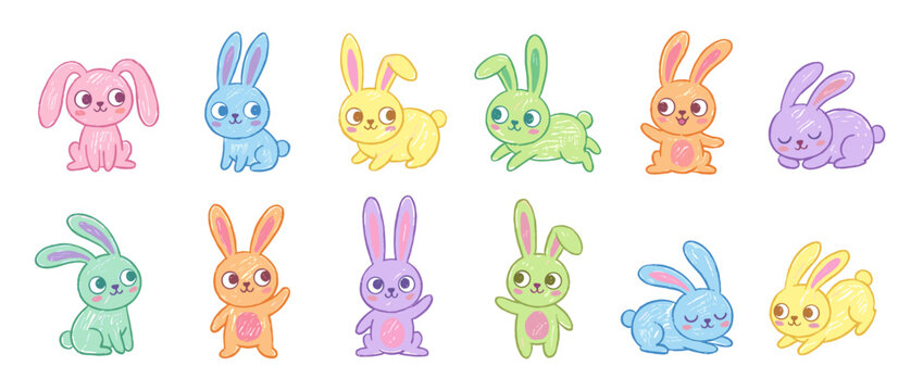 Illustration set of colorful cartoon bunny characters in various poses