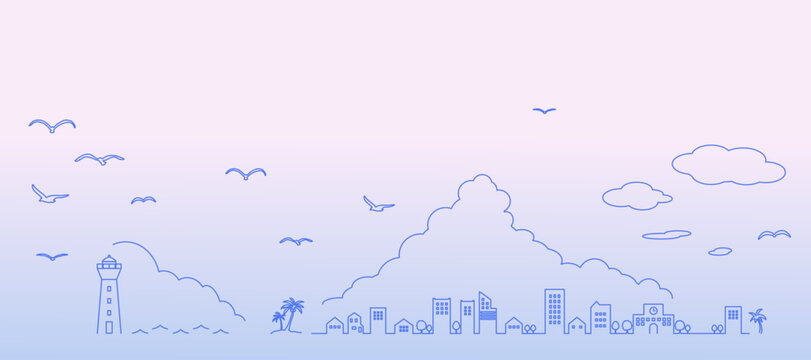 シンプルな夏の海辺の街並みのシルエットイラスト