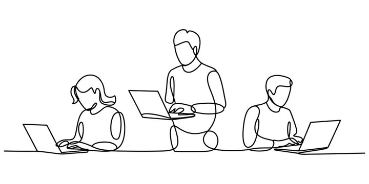 Group of young people working together on laptop computers in a continuous single line drawing style office team collaboration concept Vector, illustration