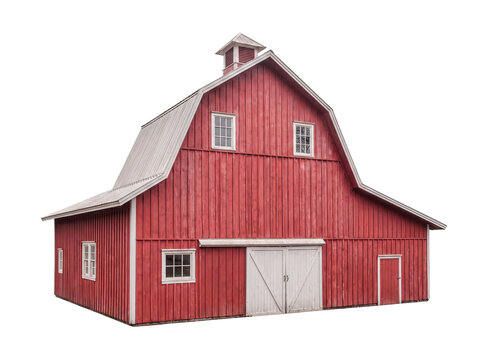 A classic vibrant red barn with white trim, a durable metal roof, and prominent barn doors, perfectly isolated.