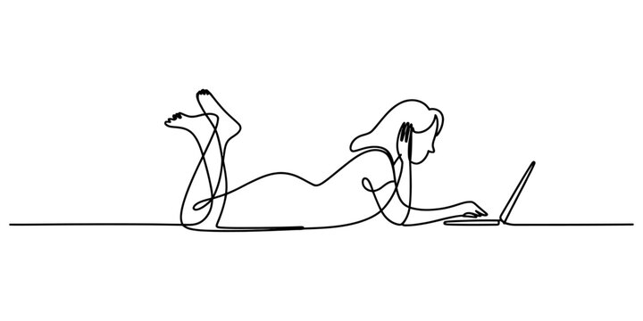 Young woman lying on her stomach and using a laptop computer in a continuous single line drawing style vector illustration Vector, illustration