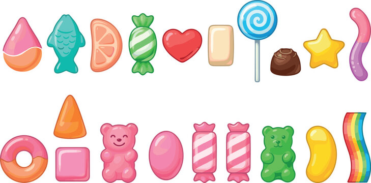Set of Colorful Candy and Sweet Treats Vector Icons for Dessert, Confectionery, and Fun Designs