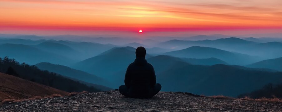 Silhouette of man sitting in meditation pose on mountain top overlooking misty valley during beautiful sunrise.