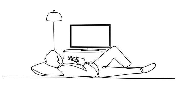 A man lying on the floor watching television with a remote control in a living room drawn in a simple continuous line art style Vector, illustration