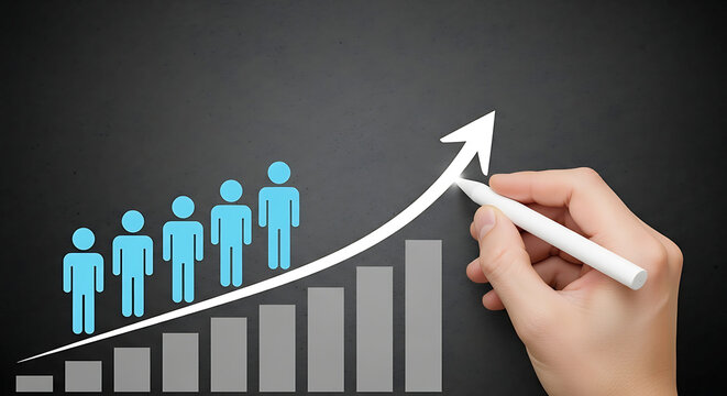 A hand draws a growing bar chart with blue human icons on a dark blackboard to represent professional team development and business success with upward trends