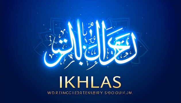 Ikhlas - A Glowing Arabic Calligraphy Displayed on Blue Background.