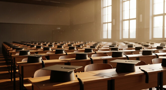 Empty classroom with wooden desks and chairs