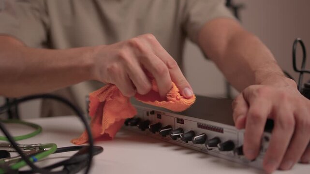 Cleaning studio equipment. Careful maintenance of studio audio equipment shown. Detail shot of audio technician meticulously wiping mixer knobs with microfiber cloth