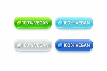 Fototapeta premium Four variations of vegan product labels displaying 100 percent vegan certification