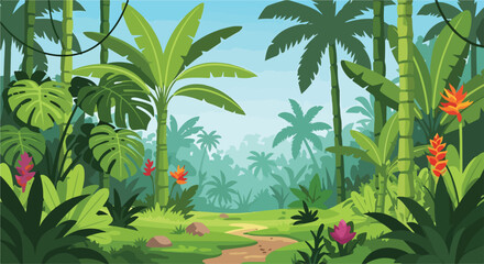 A cartoon tropical jungle scene with a dirt path and lush greenery © Jeremy