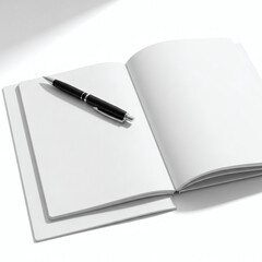 Naklejka premium A black pen lies on an open notebook with blank pages