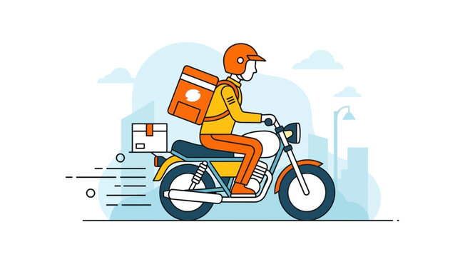Fast Motorcycle Delivery Service Rider with Package and Backpack