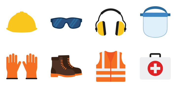 Collection of essential safety equipment icons for construction and industrial work, including helmet, goggles, and more