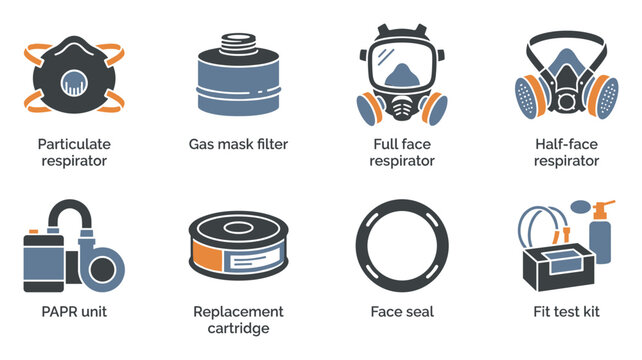 Collection of respiratory protection equipment icons: masks, filters, PAPR, and testing kit