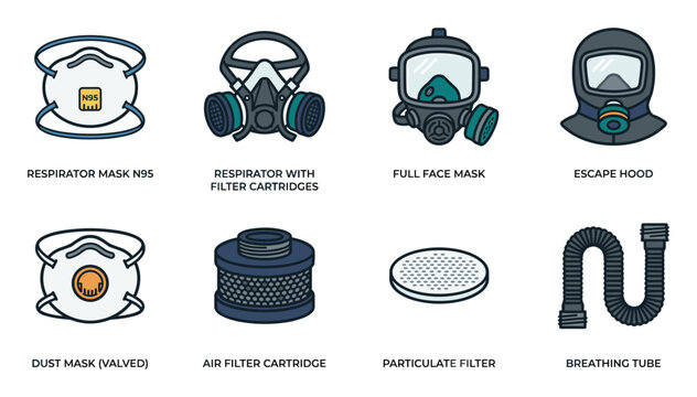 Collection of various respiratory protection masks and components for safe breathing