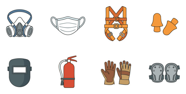 Collection of Safety Equipment Icons: Respirator, Mask, Harness, Earplugs, Welding Helmet, Fire Extinguisher, Gloves, Knee Pads