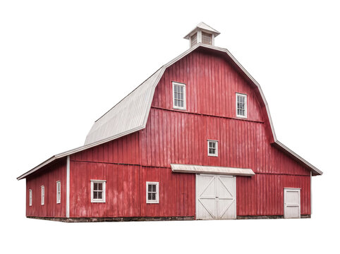Traditional vibrant red barn with a white metal roof and sliding doors, isolated on a transparent background.