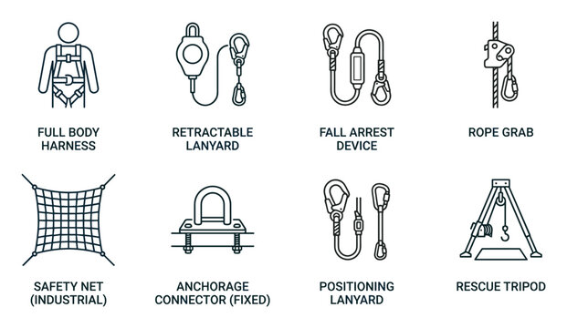 Collection of Icons Depicting Essential Safety Equipment for Fall Protection and Rescue Operations