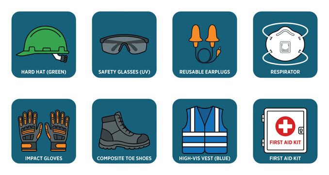 Construction Safety Equipment Icons: Hard Hat, Goggles, Earplugs, Respirator, Gloves, Boots