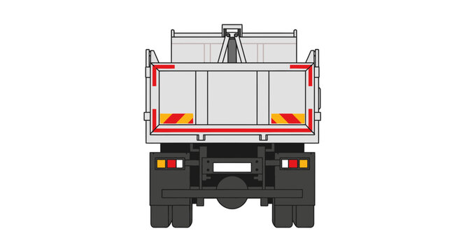 Rear view of a dump truck with reflective safety markings and lights