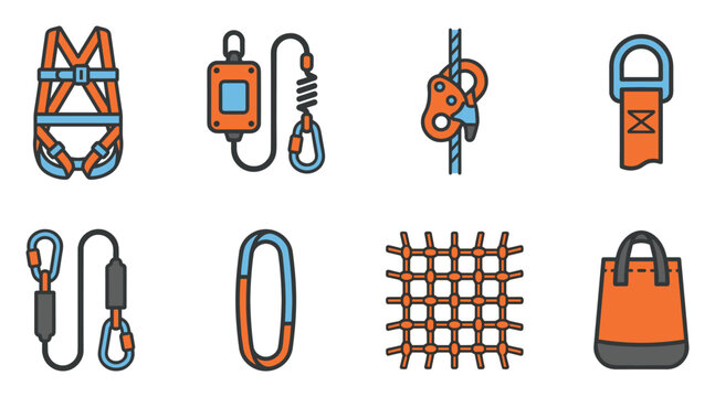 Set of Safety Equipment for Fall Protection and Work at Height, Including Harness, Lanyard, and Carabiner