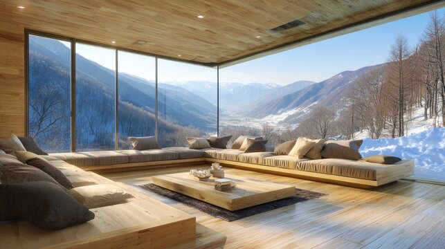 Modern living space with mountain view large windows cozy interior
