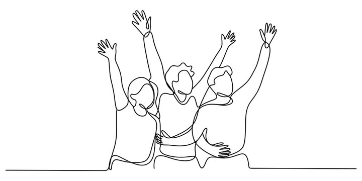 Group of happy friends with hands raised up in a continuous single line drawing style representing unity and celebration of success Vector, illustration