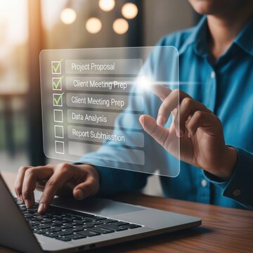 Person preparing for client meeting on laptop with task checklist