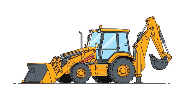 Yellow Backhoe Loader construction machine with front loader and excavator arm