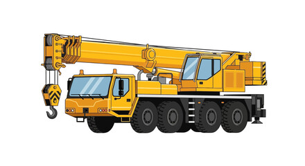 Yellow mobile crane truck with extended boom and hook, isolated on white background © Azrha