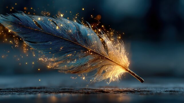 Single, luminous feather with golden particles on a blurred surface