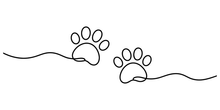 Continuous single line drawing of two animal paw prints representing a pet walking path in a minimalist black and white vector style Vector, illustration