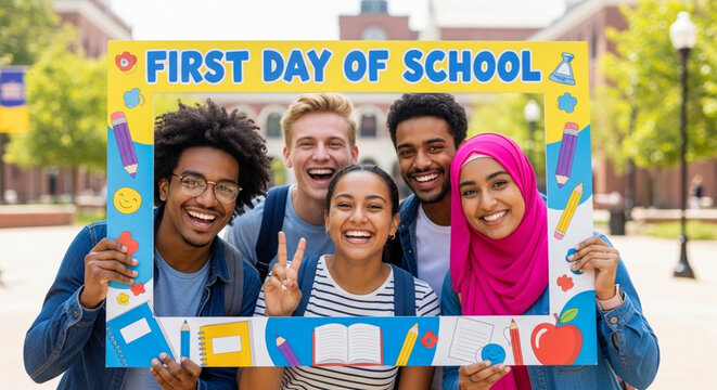 Happy students celebrating first day of school