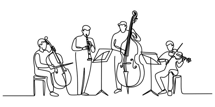 Continuous single line drawing of a small classical music ensemble playing cello clarinet double bass and violin instruments together Vector, illustration