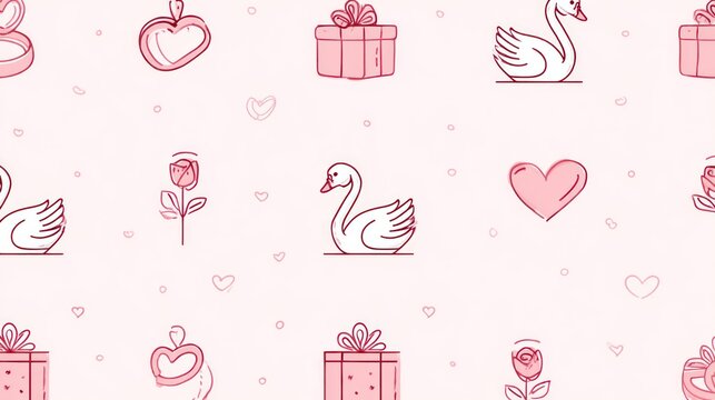 Valentines day pattern of hearts gifts swans and roses in pink