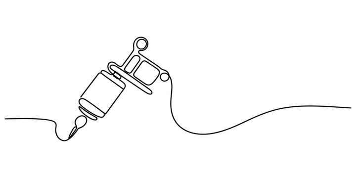 Continuous single line drawing of a tattoo machine gun used for body art design in a minimalist black and white artistic style Vector, illustration