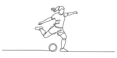Continuous single line drawing of a female soccer player kicking a ball during a professional football match sport activity illustration Vector, illustration © Vector Line Drawing