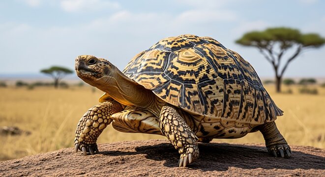 Leopard tortoise on rock outdoors sunny day wildlife photography
