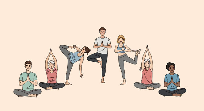 People doing various yoga poses together.