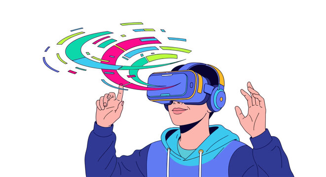 Man wearing virtual reality goggles headset.