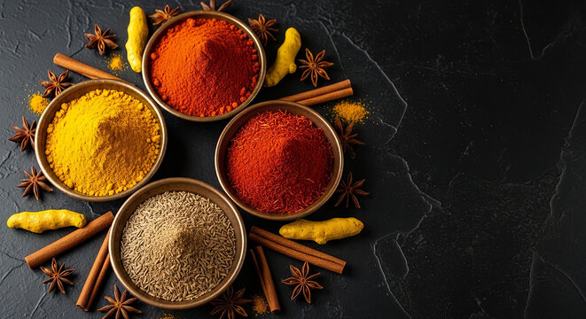 Colorful Spices in Copper Bowls on Dark Stone Flat Lay