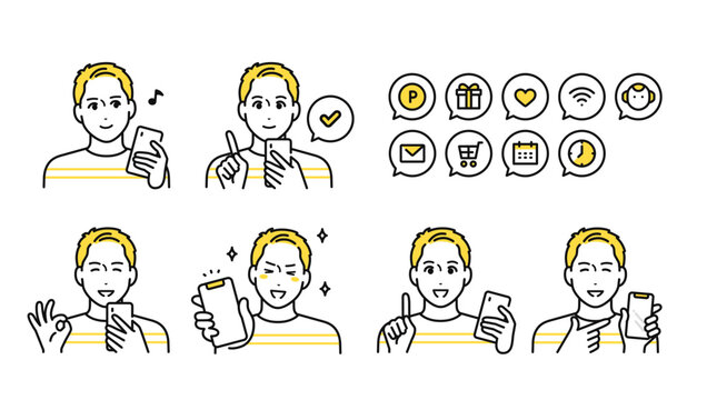 スマートフォンを持つTシャツ姿の若い男性と通知アイコンセット
