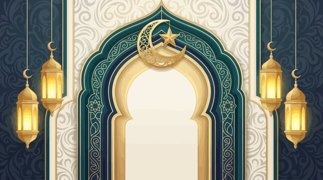 Premium Islamic New Year greeting background inspired by luxury invitation design with layered arch crescent moon and symmetrical lanterns