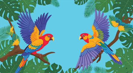 Two colorful parrots on tree branches with tropical leaves © Jalilun