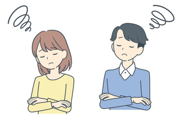 Fototapeta premium 腕を組んで悩み、考え込む若い男女のイラスト