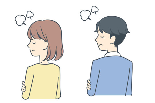 背を向けてそっぽを向き、怒る若い男女のイラスト