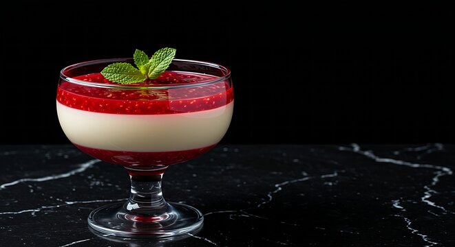 An elegant, footed glass bowl filled with layered Italian Panna Cotta, glistening with a vibrant raspberry coulis, garnished with a single mint leaf, set on a polished black marble surface, soft, ethe