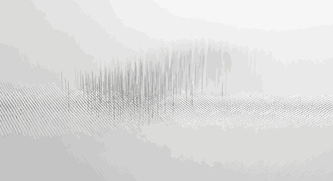 Minimalist dot matrix landscape with vertical pins representing data visualization and digital terrain mapping on clean white background for scientific research and technology innovation concepts.