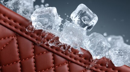 Naklejka premium Ice cubes splashing water on brown quilted leather seat surface
