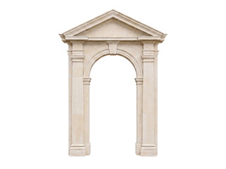 Obraz premium Elegant classical stone archway with detailed columns and pediment, isolated on a transparent background.